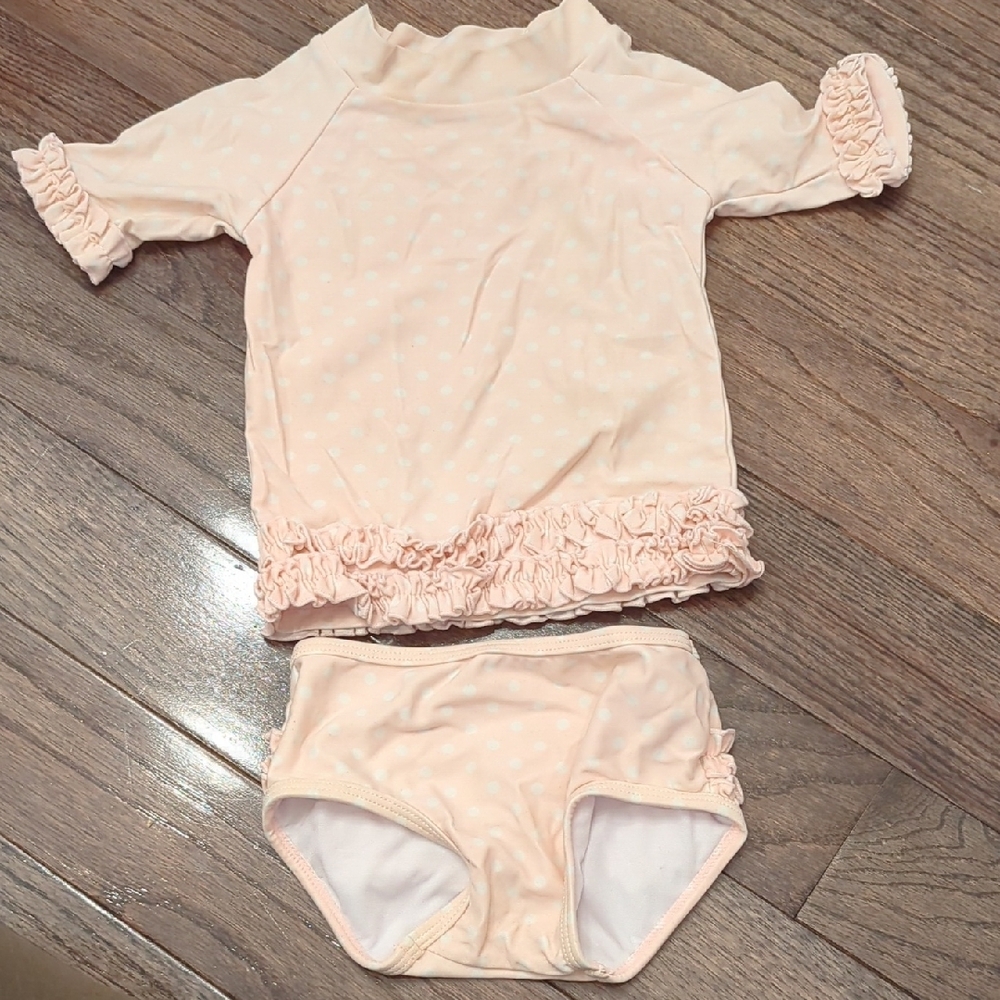 GUC Ruffle Butts Peachy-Pinkish Polka Dot Rash Guard & Swim Bottoms